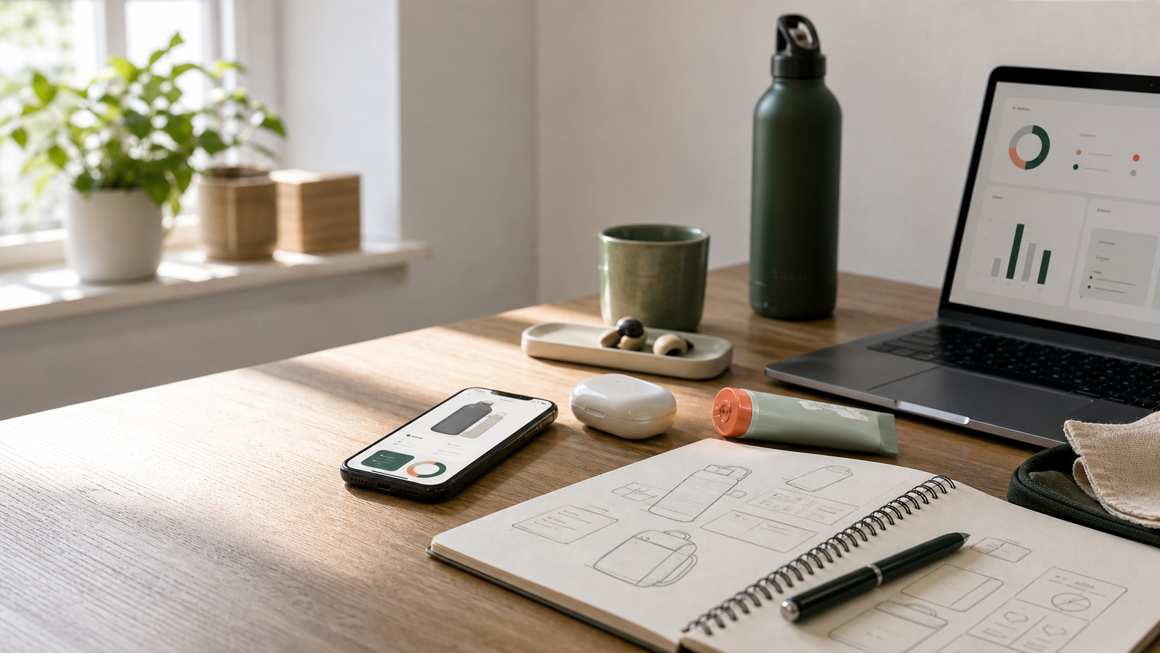 Consumer app workspace with product sketches, phone, laptop, and everyday products
